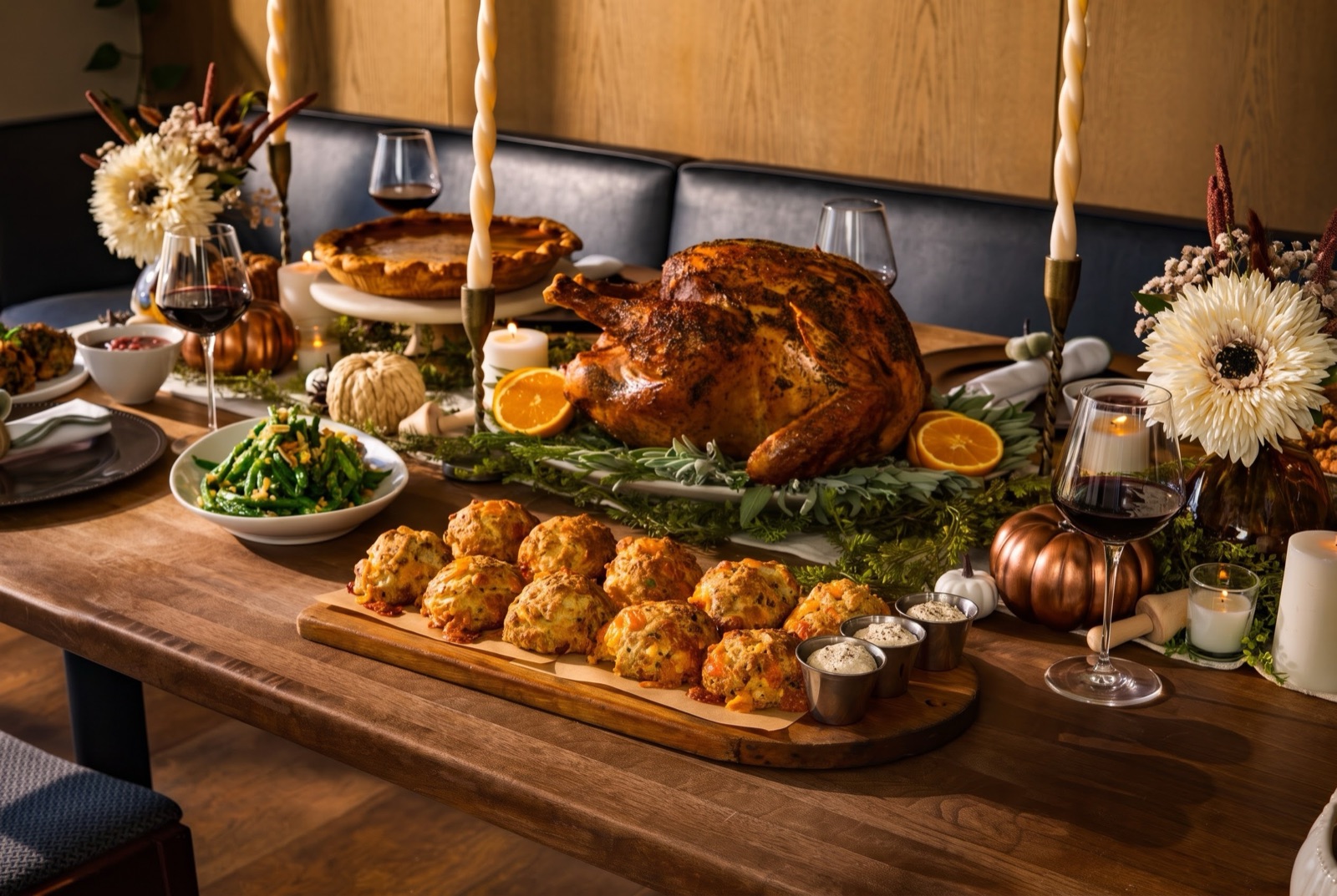 Biscuits, turkey, green beans and pumpkin pie from Thanksgiving To-Go